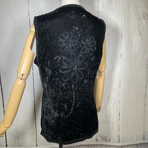 Vintage Rosoft Crushed Black Velvet Embroidered Floral Beaded Vest Size Medium - Picture 6 of 16